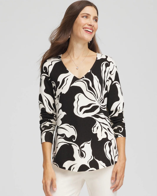 Chico's Women | Ella Printed V-Neck Sweater BLACK