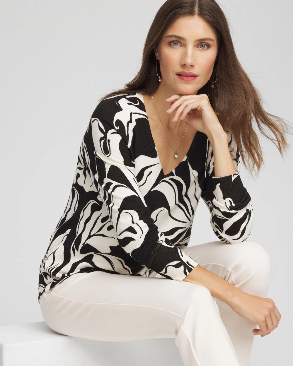 Chico's Women | Ella Printed V-Neck Sweater BLACK