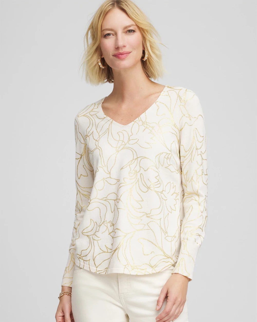 Chico's Women | Ella Foiled V-Neck Sweater ENGLISH CREAM