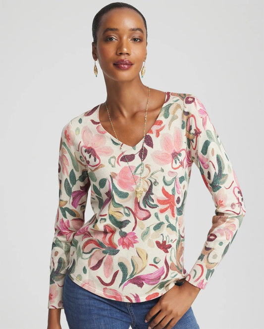 Chico's Women | Ella V-Neck Floral Pullover Sweater ENGLISH CREAM