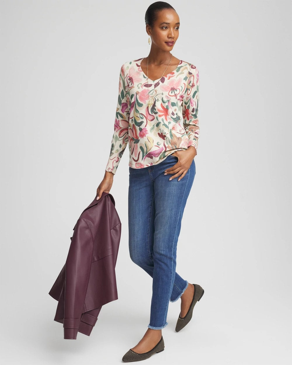 Chico's Women | Ella V-Neck Floral Pullover Sweater ENGLISH CREAM