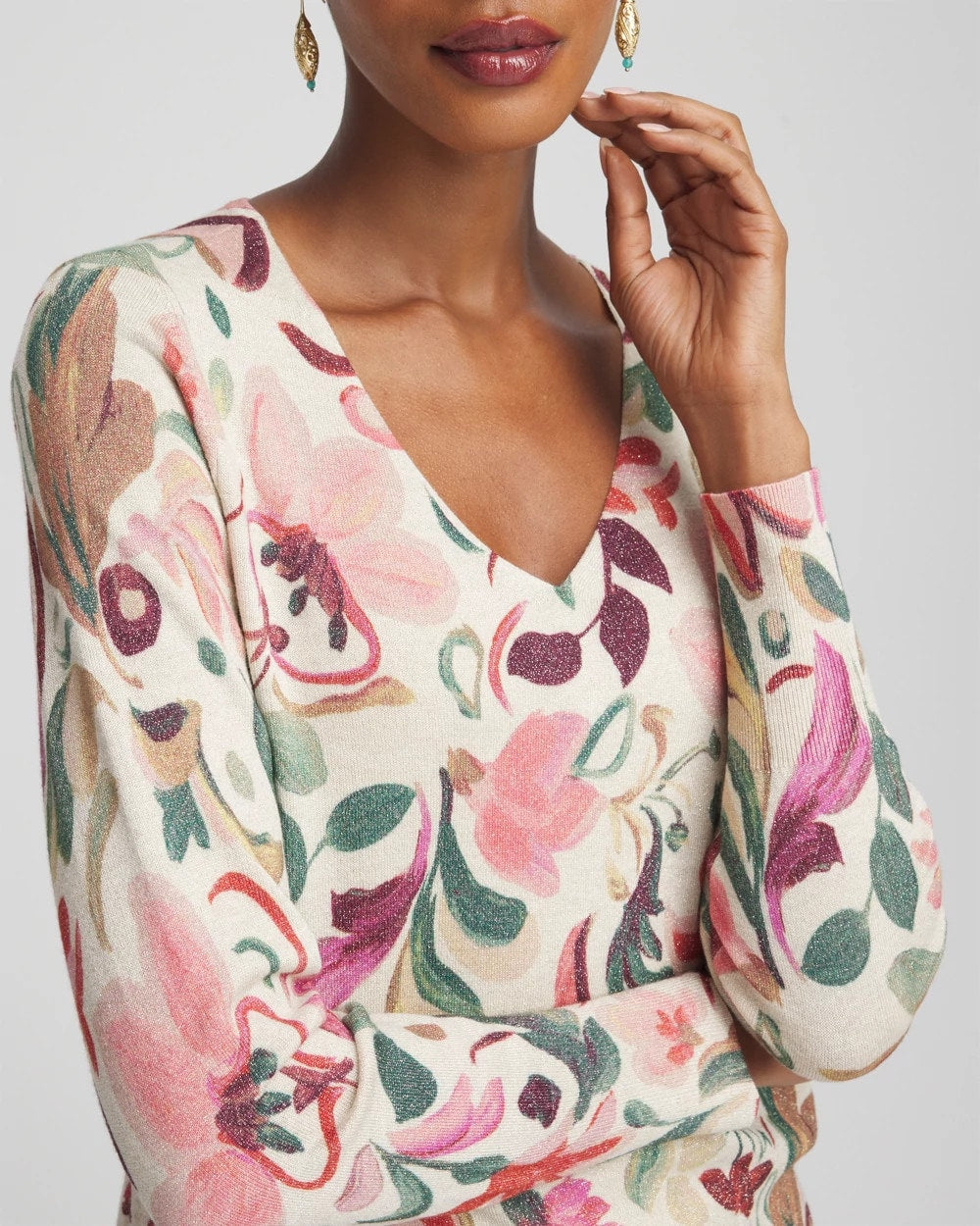 Chico's Women | Ella V-Neck Floral Pullover Sweater ENGLISH CREAM