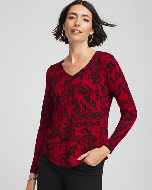 Chico's Women | Ella Printed V-Neck Sweater CARMINE RED