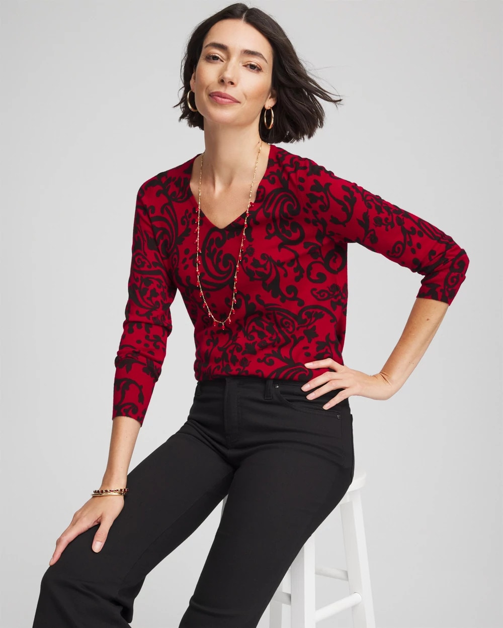 Chico's Women | Ella Printed V-Neck Sweater CARMINE RED