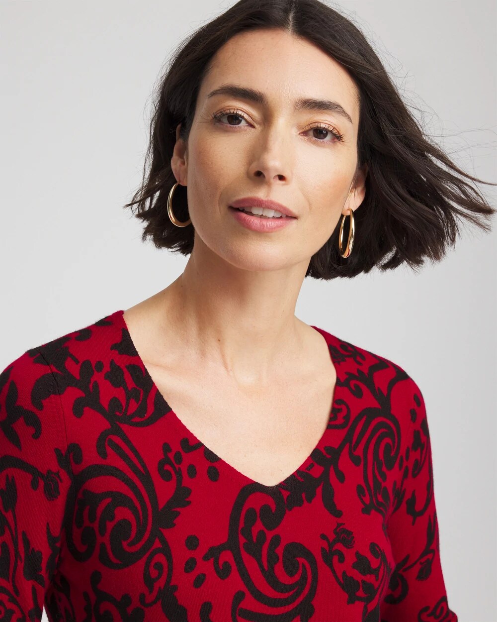 Chico's Women | Ella Printed V-Neck Sweater CARMINE RED