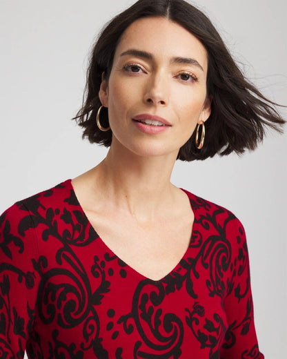 Chico's Women | Ella Printed V-Neck Sweater CARMINE RED