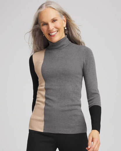 Chico's Women | Ella Colorblock Intarsia Turtleneck Sweater BLACK