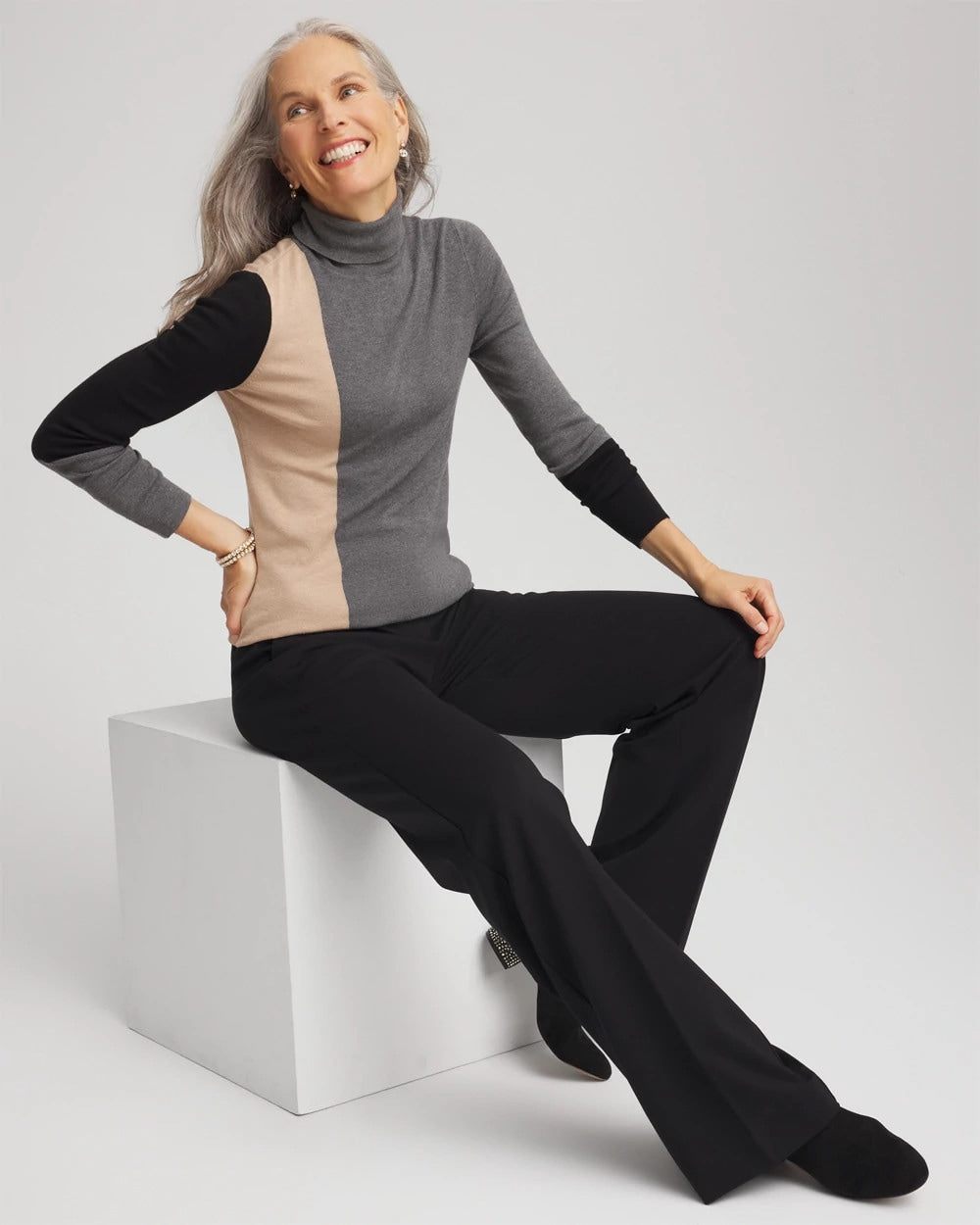 Chico's Women | Ella Colorblock Intarsia Turtleneck Sweater BLACK