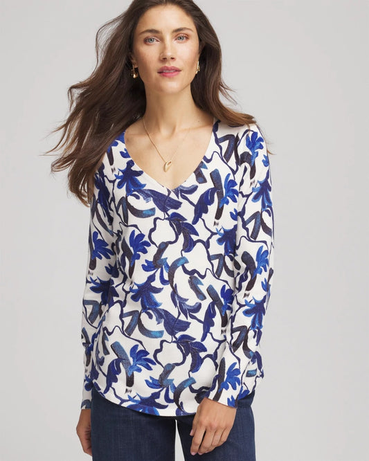 Chico's Women | Ella V-Neck Blue-Petals Pullover Sweater ECRU