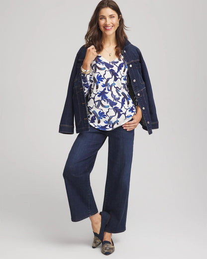 Chico's Women | Ella V-Neck Blue-Petals Pullover Sweater ECRU