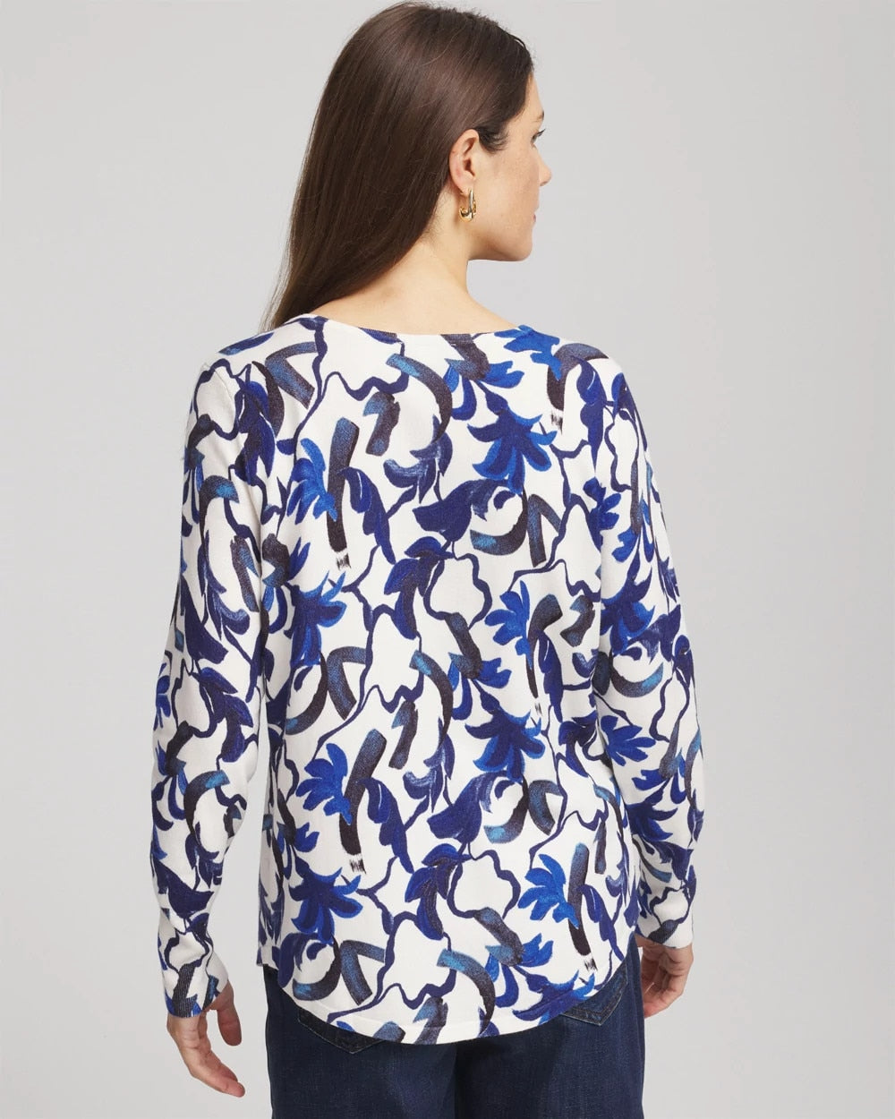 Chico's Women | Ella V-Neck Blue-Petals Pullover Sweater ECRU