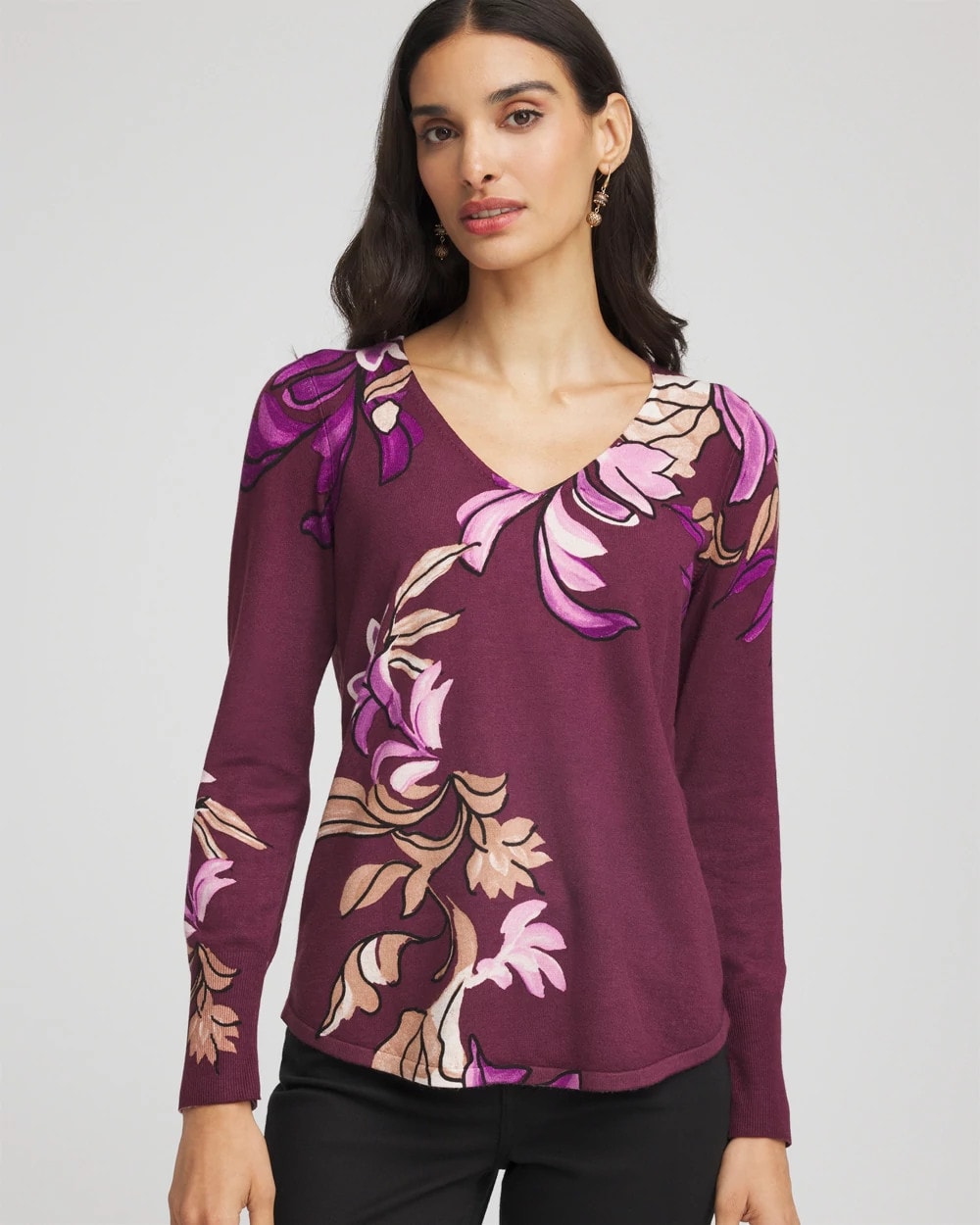 Chico's Women | Ella V-Neck Artisanal Pullover Sweater DEEP CHIANTI
