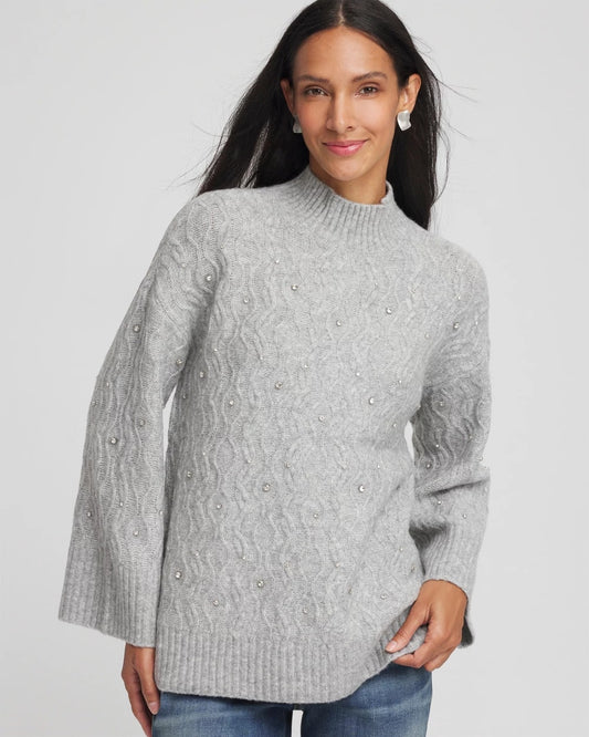 Chico's Women | Sequined Cable Knit Sweater CLOUD HEATHER GRAY