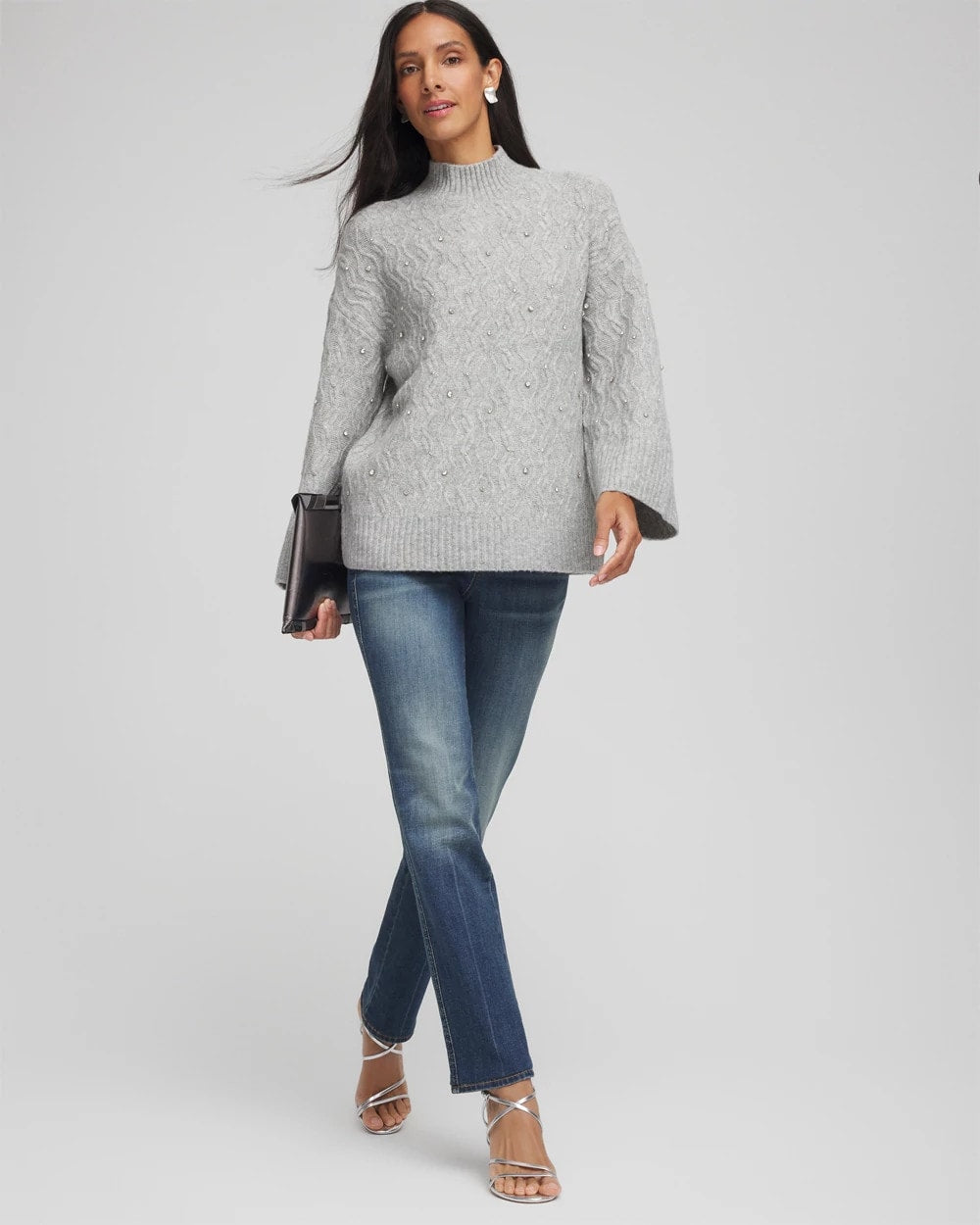 Chico's Women | Sequined Cable Knit Sweater CLOUD HEATHER GRAY