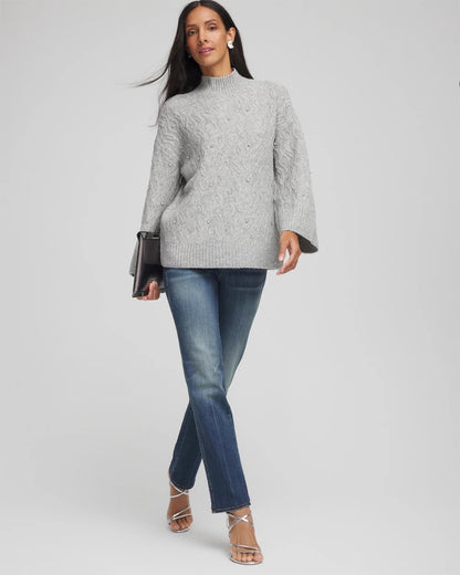 Chico's Women | Sequined Cable Knit Sweater CLOUD HEATHER GRAY