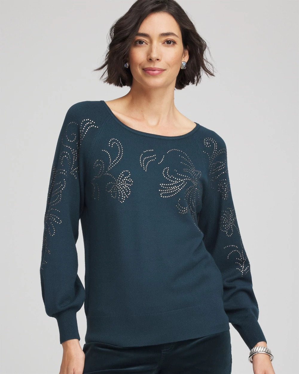 Chico's Women | Heatset Embroidered Pullover TEAL SHADOW