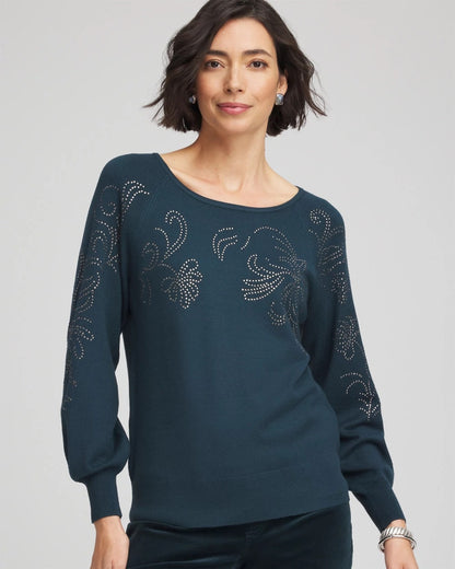 Chico's Women | Heatset Embroidered Pullover TEAL SHADOW