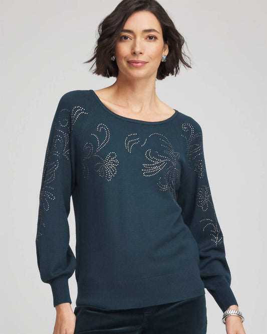 Chico's Women | Heatset Embroidered Pullover TEAL SHADOW