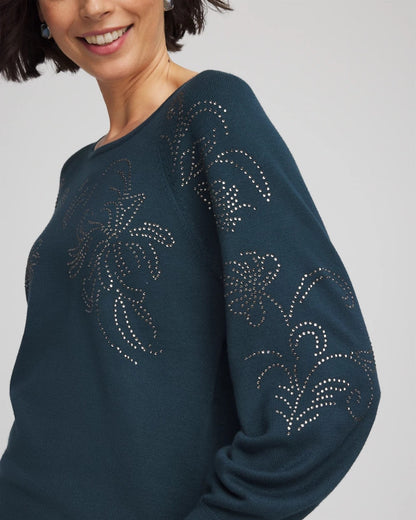 Chico's Women | Heatset Embroidered Pullover TEAL SHADOW