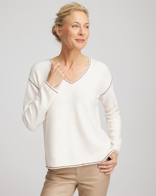 Chico's Women | Contrast Stitch V-Neck Sweater ENGLISH CREAM