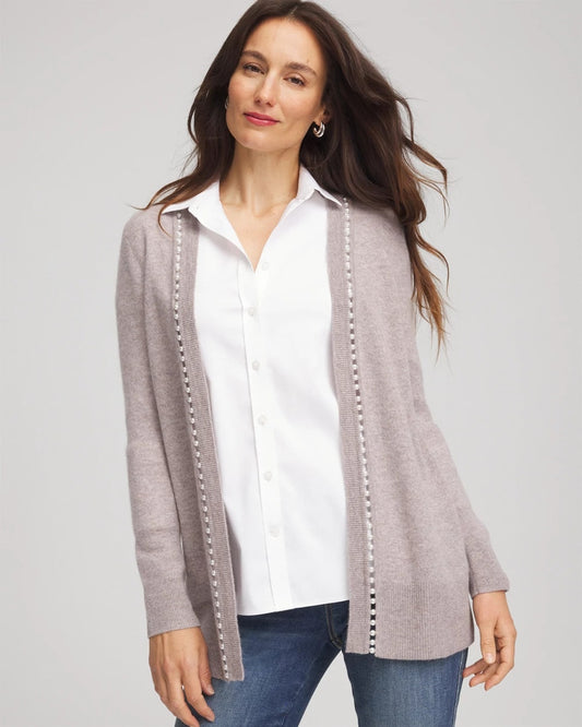 Chico's Women | Cashmere Pearl-Trim Cardigan TAUPE HEATHER