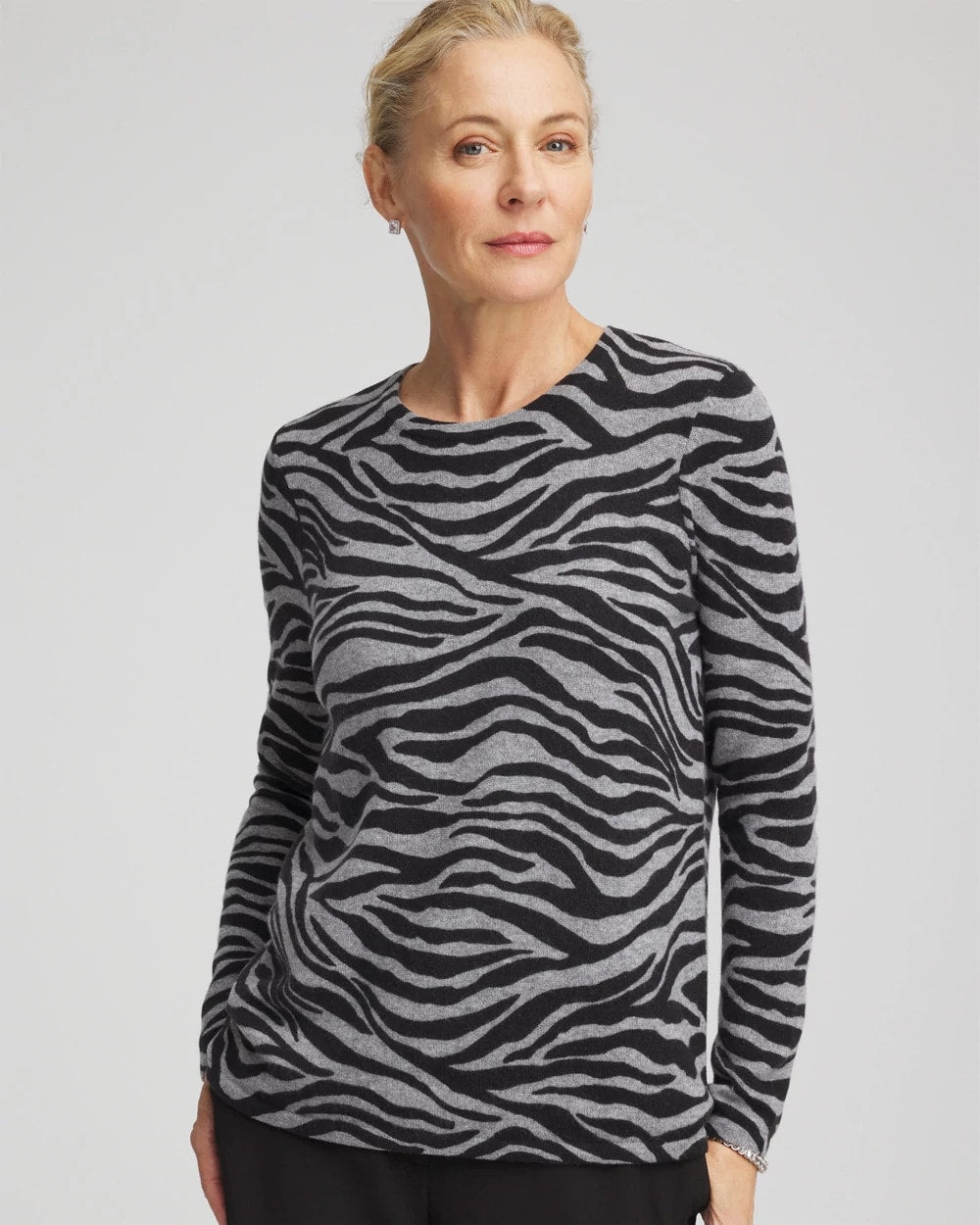Chico's Women | Cashmere Zebra Long-Sleeve Pullover Sweater BLACK