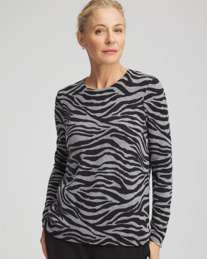 Chico's Women | Cashmere Zebra Long-Sleeve Pullover Sweater BLACK