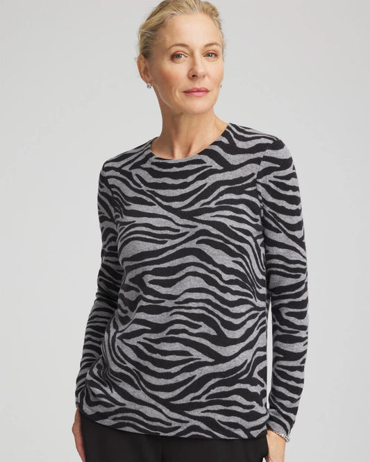 Chico's Women | Cashmere Zebra Long-Sleeve Pullover Sweater BLACK
