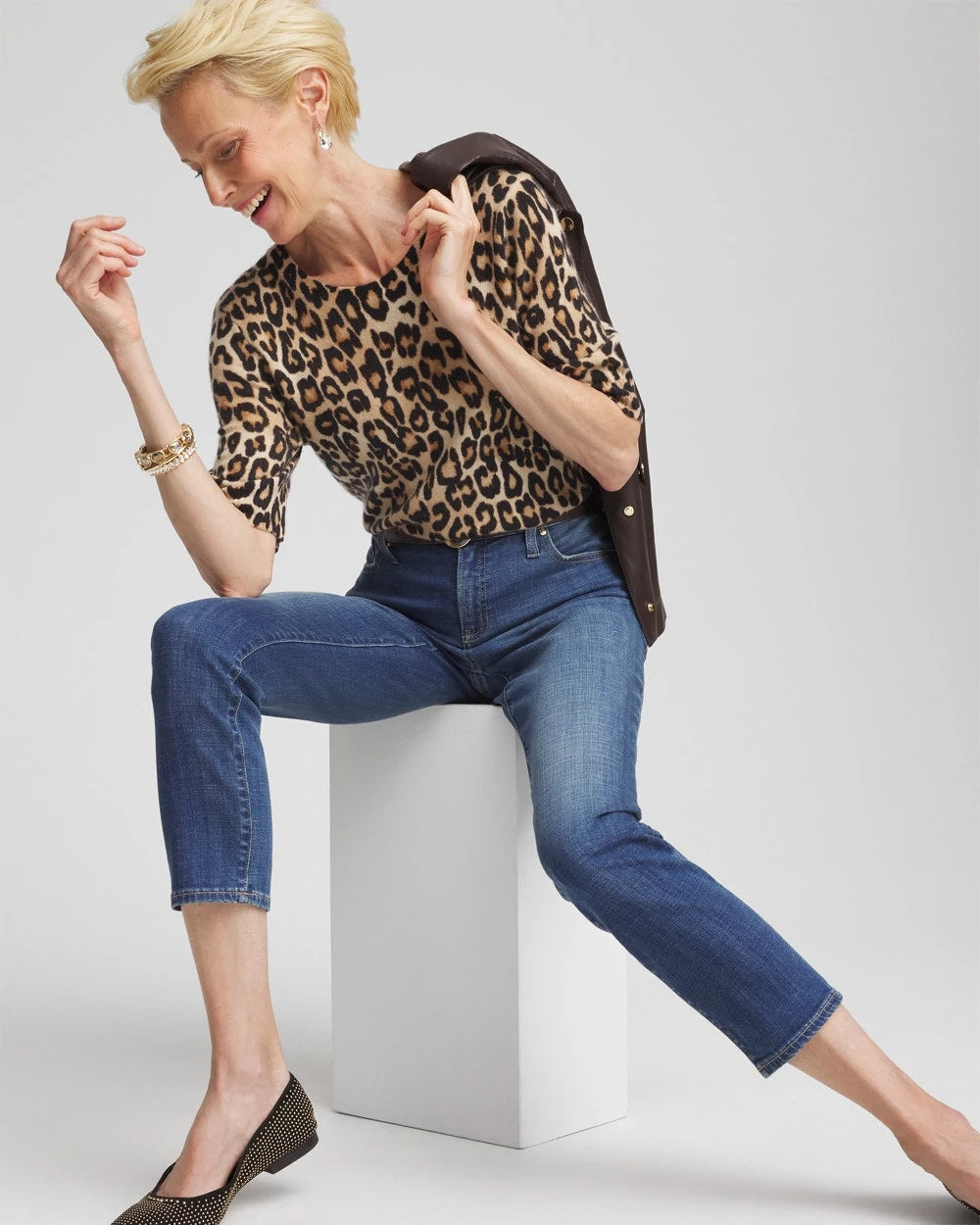 Chico's Women | Cashmere Animal Elbow-Sleeve Pullover CAMEL