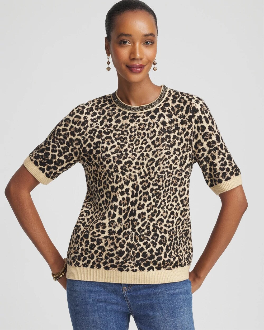 Chico's Women | Embellished Crewneck Animal-Print Sweater FAUX CAMEL HEATHER