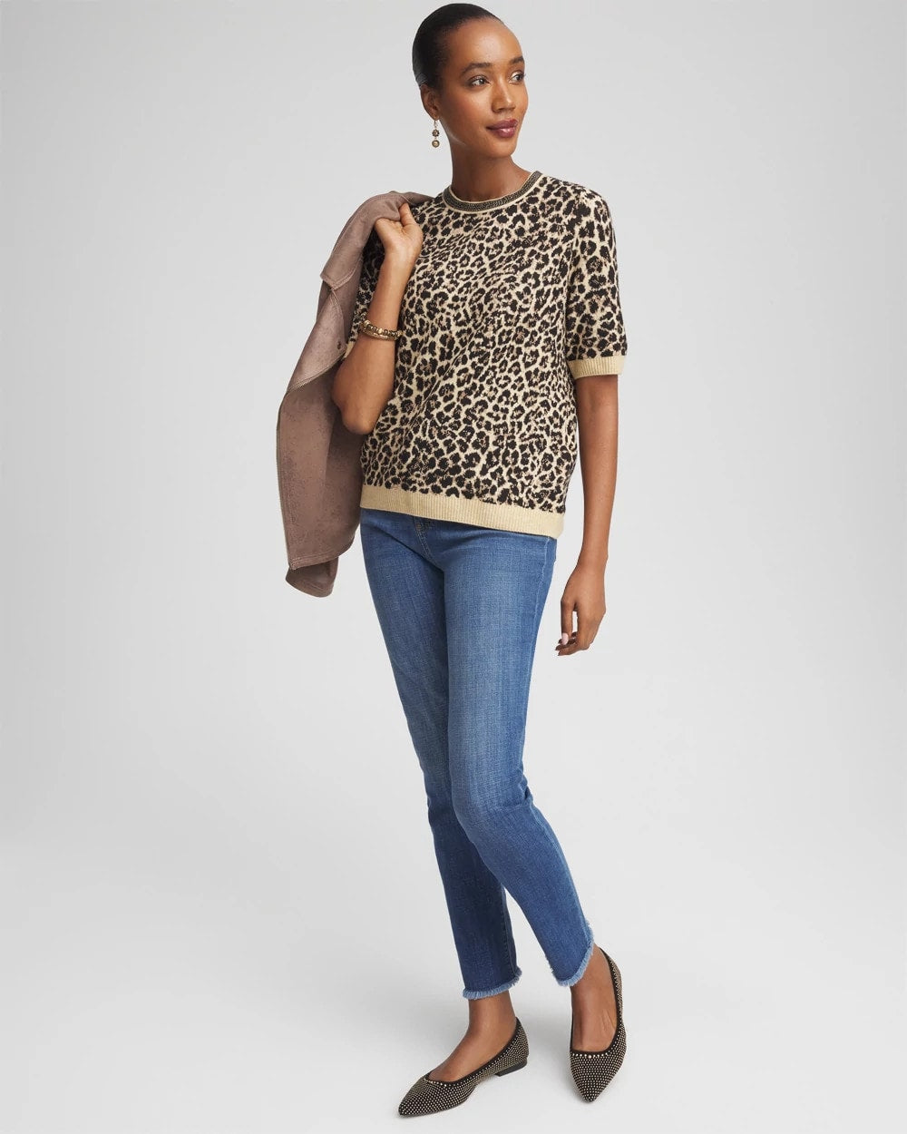 Chico's Women | Embellished Crewneck Animal-Print Sweater FAUX CAMEL HEATHER