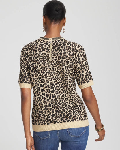 Chico's Women | Embellished Crewneck Animal-Print Sweater FAUX CAMEL HEATHER