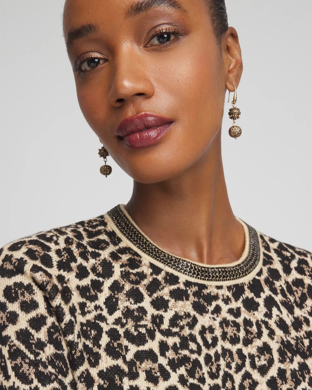 Chico's Women | Embellished Crewneck Animal-Print Sweater FAUX CAMEL HEATHER