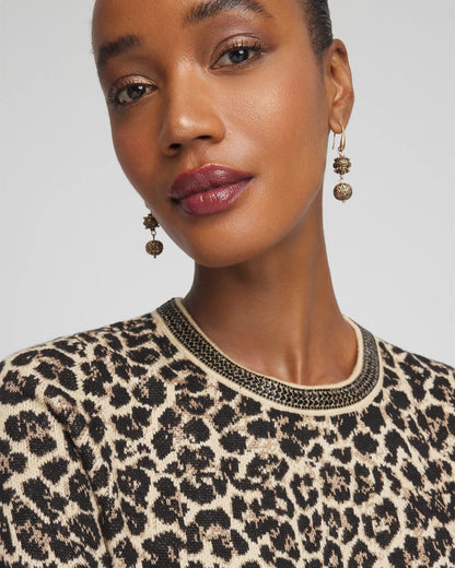 Chico's Women | Embellished Crewneck Animal-Print Sweater FAUX CAMEL HEATHER