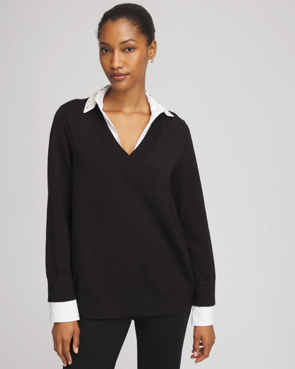 Chico's Women | Embellished Layered Collar Shirt Sweater BLACK