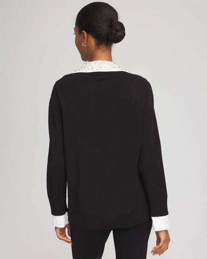 Chico's Women | Embellished Layered Collar Shirt Sweater BLACK