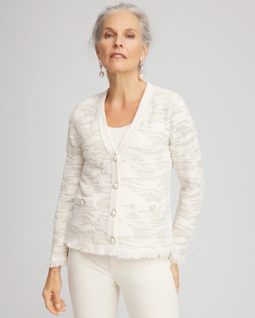 Chico's Women | Fringe Textured V-Neck Cardigan ENGLISH CREAM