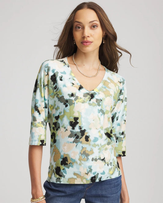 Chico's Women | Printed Dolman V-Neck Pullover Sweater BLUE MENTHE