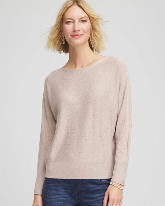 Chico's Women | Ella Embellished Dolman Pullover Sweater LIGHT TAUPE HEATHER