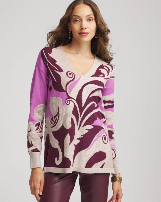 Chico's Women | Intarsia Knit V-Neck Pullover Sweater GOOSEBERRY