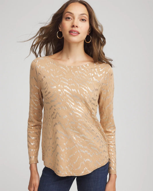 Chico's Women | Ella Boatneck Foiled Pullover Sweater FAUX CAMEL HEATHER