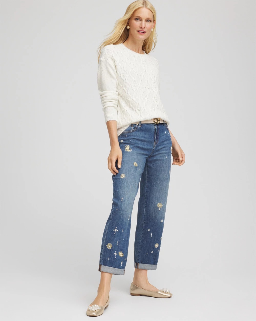 Chico's Women | Embellished Cable Knit Sweater ENGLISH CREAM