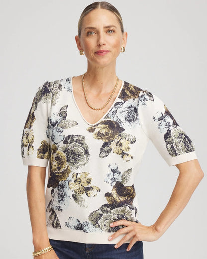 Chico's Women | Floral V-Neck Sweater Tee ENGLISH CREAM