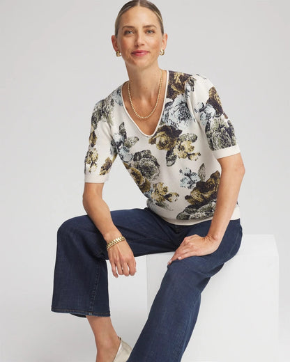 Chico's Women | Floral V-Neck Sweater Tee ENGLISH CREAM