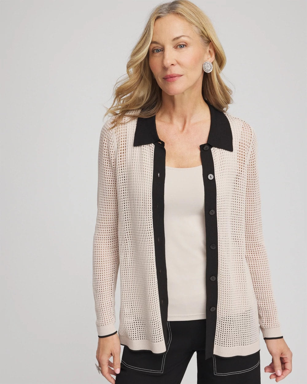 Chico's Women | Pointelle Polo Cardigan SMOKEY TAUPE