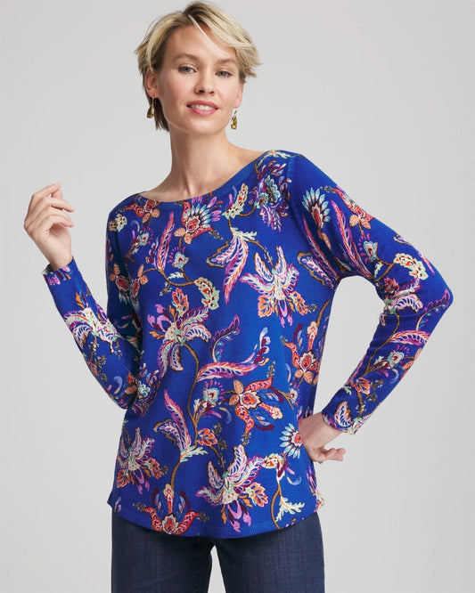 Chico's Women | Ella Boatneck Printed Pullover Sweater COBALT STONE