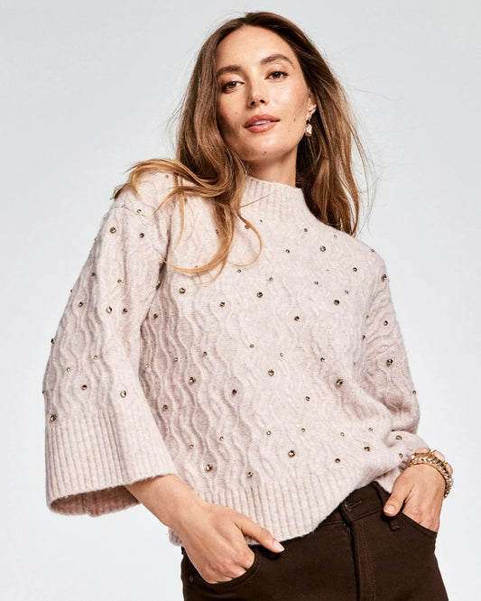 Chico's Women | Sequined Cable Knit Sweater BIRCH BARK HEATHER