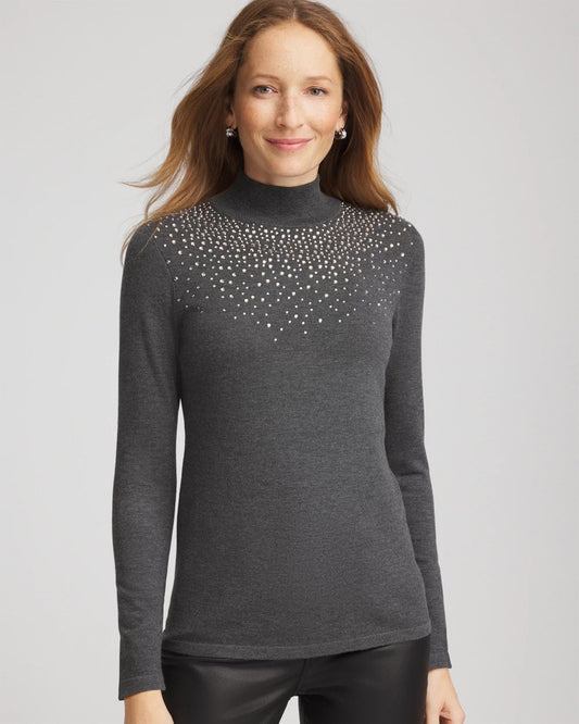 Chico's Women | Ella Rhinestone Mockneck Sweater GRAPHITE GRAY