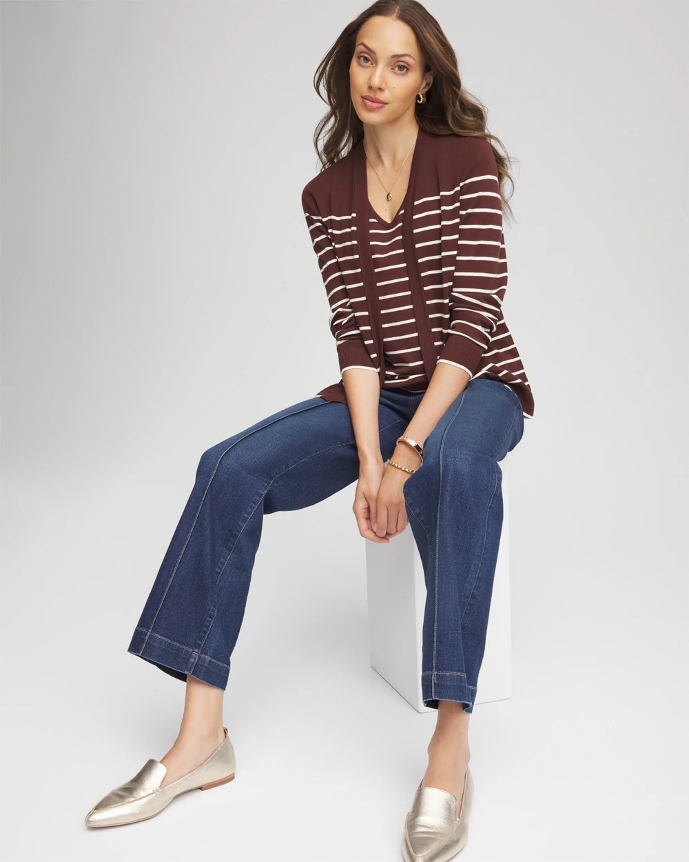 Chico's Women | Ella Striped Long-Sleeve Cardigan CACAO