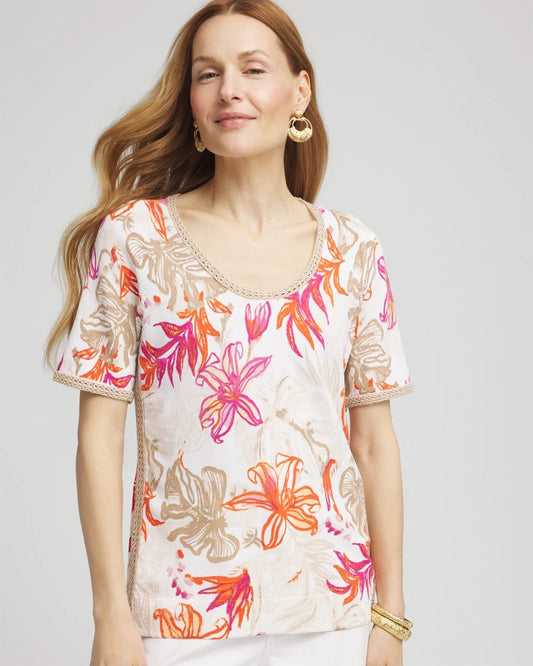 Chico's Women | Floral Print Crochet-Trim Pullover Sweater ALABASTER